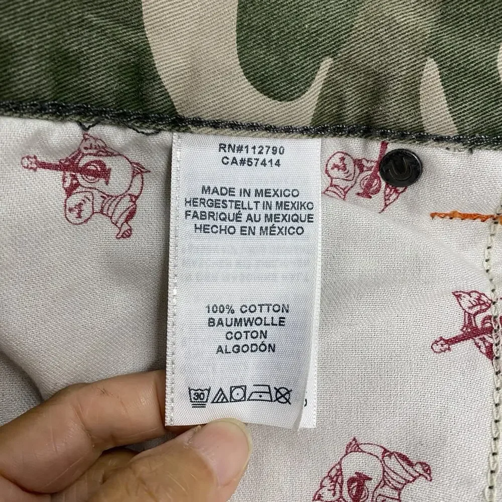 True Religion Moto Cutoff Shorts Mens 38 Camo Y2K Streetwear Distressed